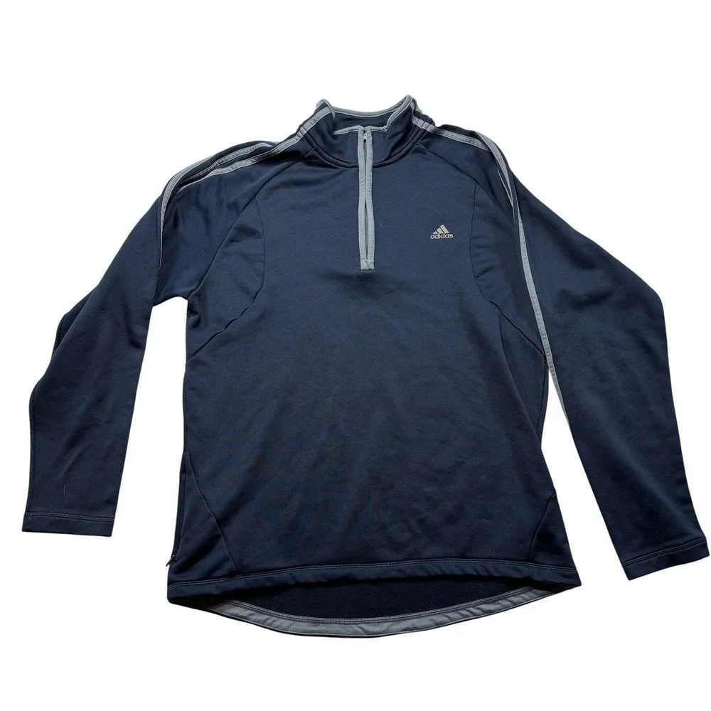 Adidas Mens XL Navy Blue‎ Quarter Zip Fleece Pullover Striped Sleeve #1141